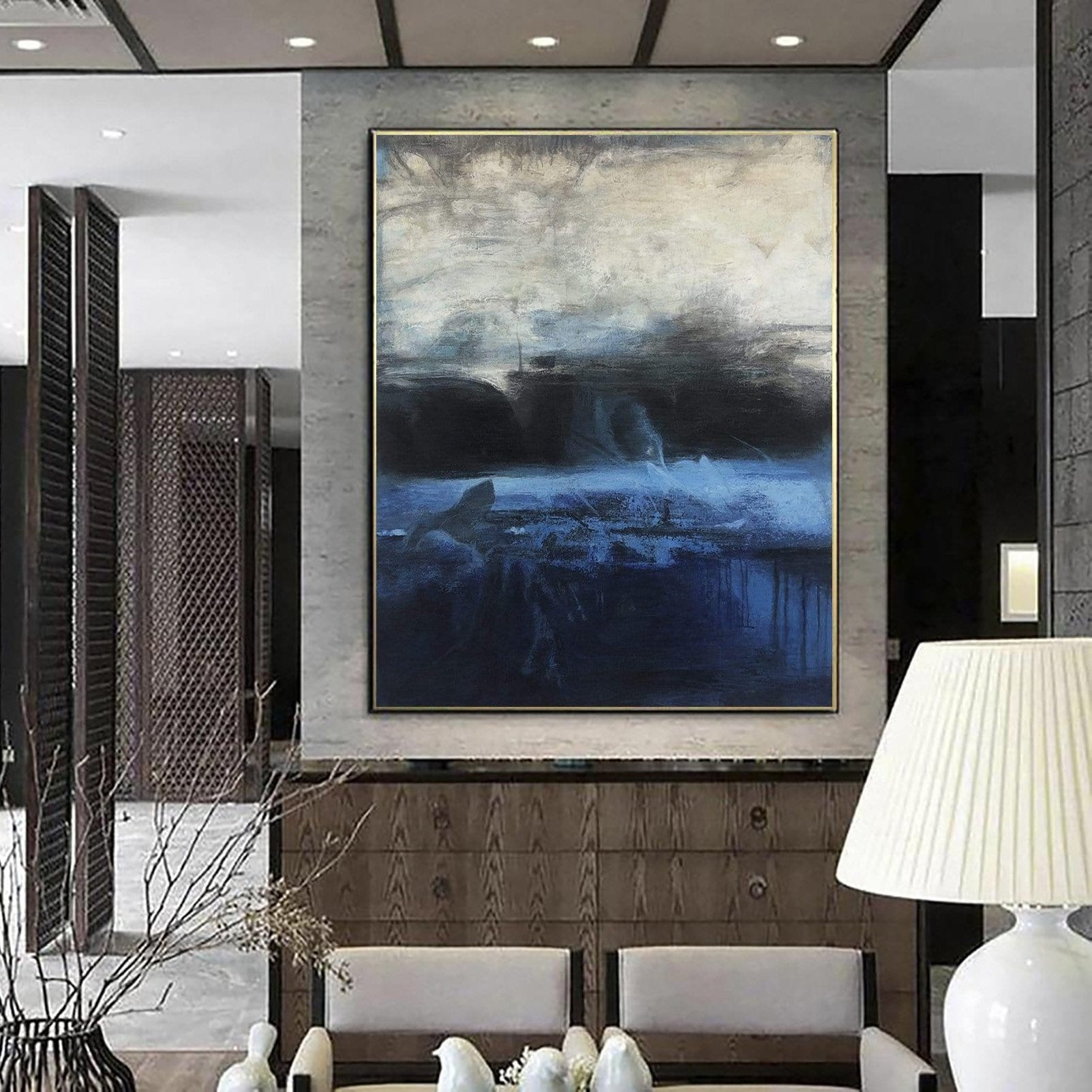 Large Original Abstract Painting Blue Canvas Art Gray Painting Black Painting | MORNING OCEAN - Trend Gallery Art | Original Abstract Paintings