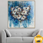 Abstract Heart Wall Art Canvas Romantic Painting Love Artwork Impasto Wall Art White Flowers Painting for Aesthetic Room Decor | FALLING IN LOVE 32"x32"