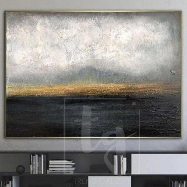 Gold Horizon Painting Abstract Sunset Painting Thick Paint Unique Abstract Painting Hotel Art | DARK WATERSCAPE - Trend Gallery Art | Original Abstract Paintings