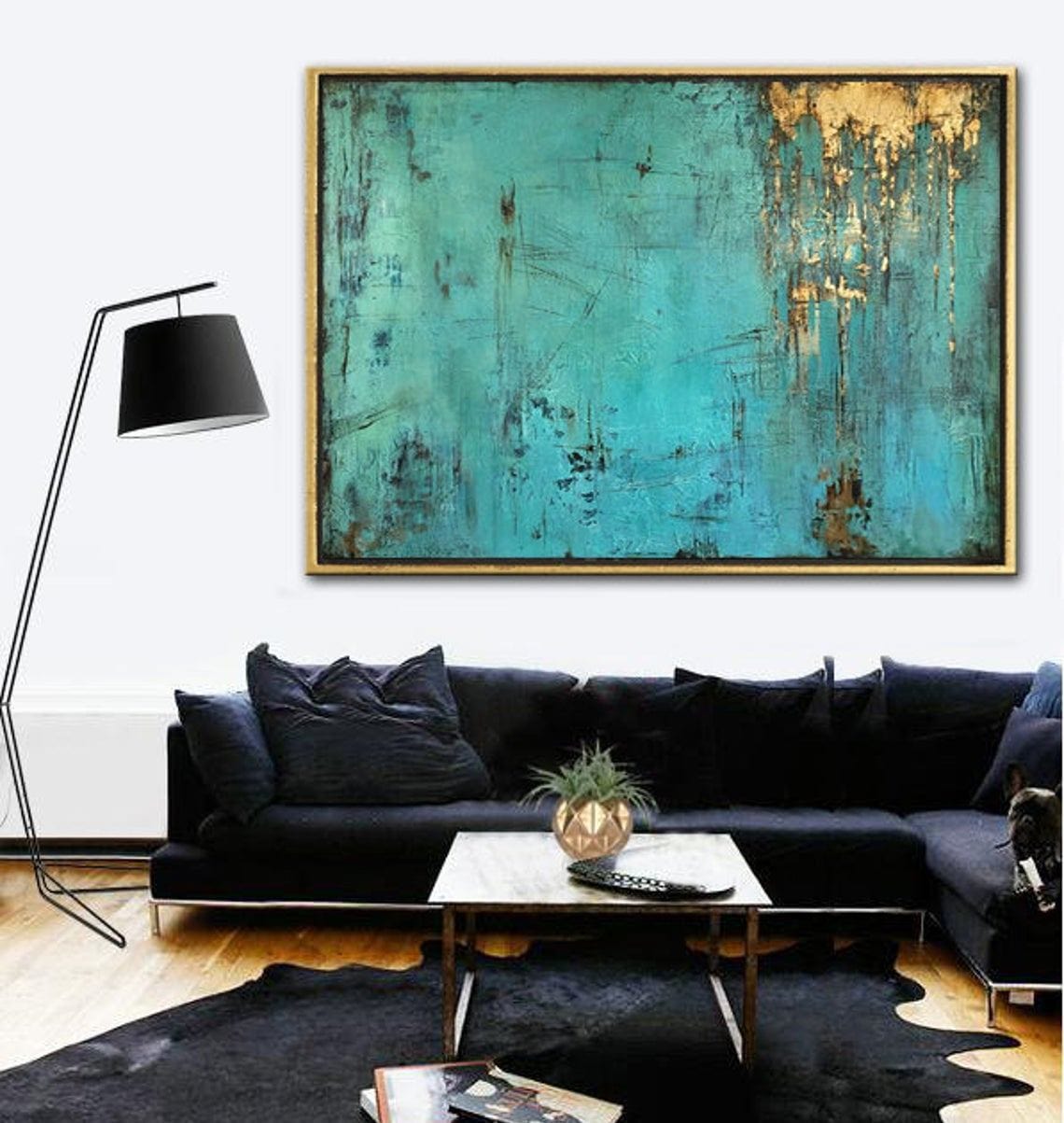 Large Original Oil Blue Painting Wall Art Gold Leaf Wall Decor | ACE - Trend Gallery Art | Original Abstract Paintings