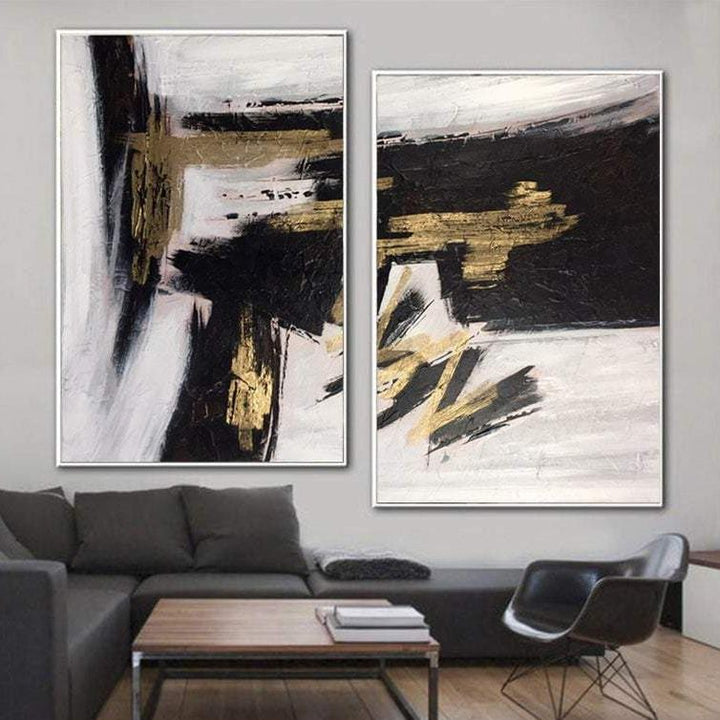 Black And White Oil Painting Gold Leaf Canvas Art Abstract Set of Pain ...