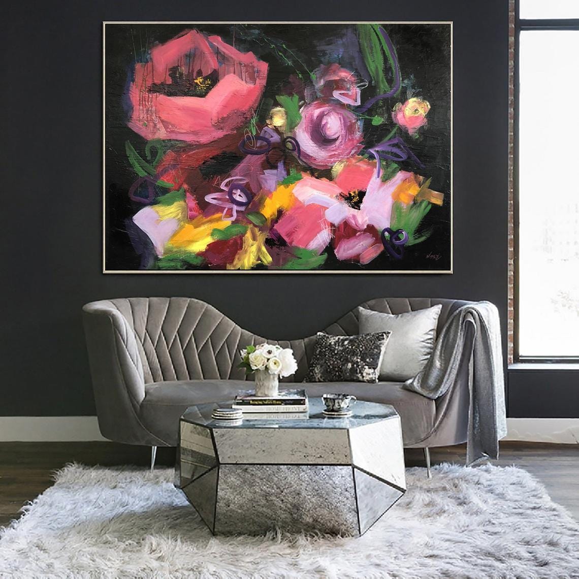 Oversize Acrylic Abstract Flower Paintings On Canvas Modern Wall Art | BOUQUET FROM THE PAST - Trend Gallery Art | Original Abstract Paintings