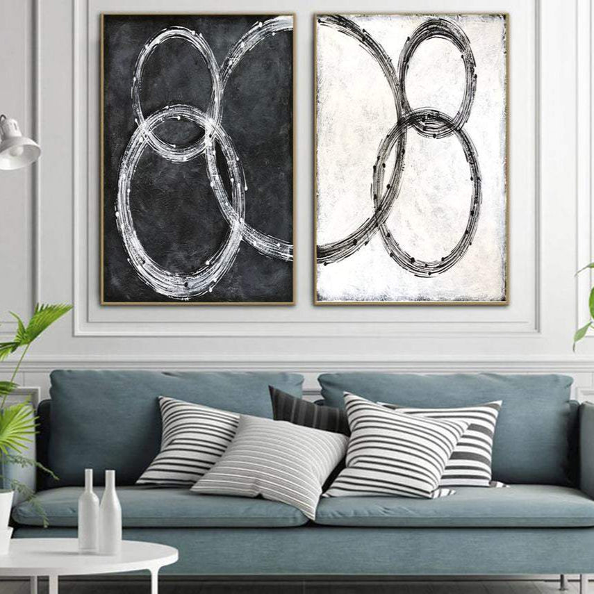 Large Art Work Black Painting On Canvas Modern Wall Art Set Of 2 Gold And White | RECURRING TUNE - Trend Gallery Art | Original Abstract Paintings