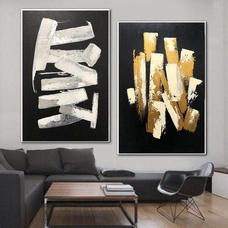 Black Fine Art On Canvas Modern Wall Art Set Of 2 Paintings Gold and White | BREATHING - Trend Gallery Art | Original Abstract Paintings