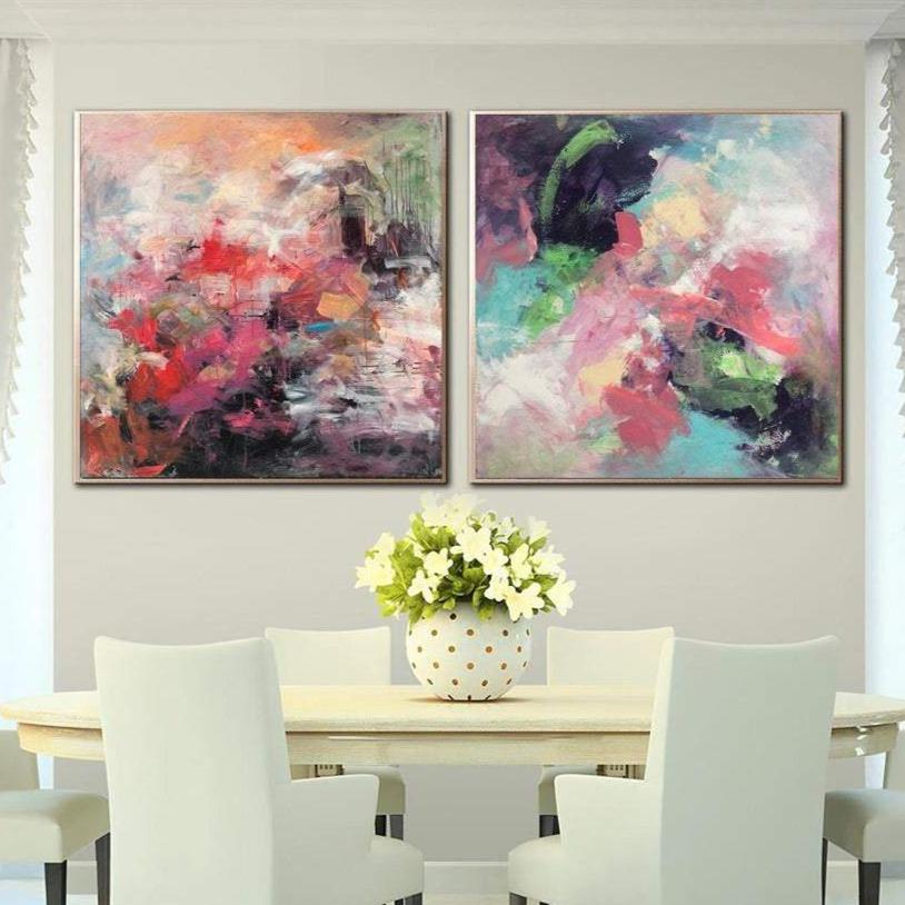 Large Set of 2 Paintings Abstract Colorful Wall Art Canvas Vibrant Art Splash Wall Art Diptych Painting Hand Painted Art | SPLASH OF FLOWERS - Trend Gallery Art | Original Abstract Paintings