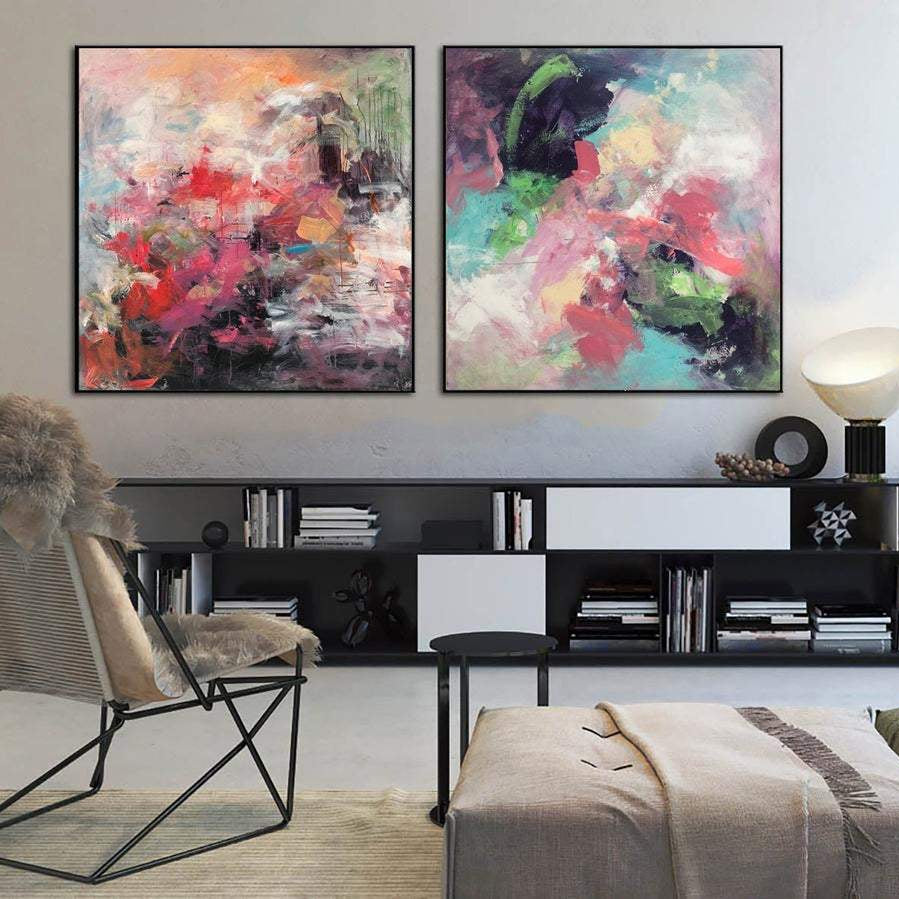 Large Set of 2 Paintings Abstract Colorful Wall Art Canvas Vibrant Art Splash Wall Art Diptych Painting Hand Painted Art | SPLASH OF FLOWERS - Trend Gallery Art | Original Abstract Paintings