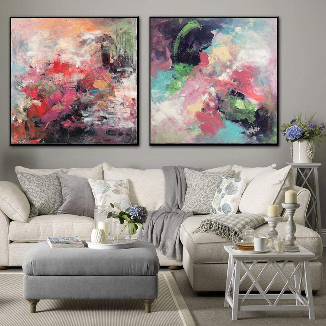 Large Set of 2 Paintings Abstract Colorful Wall Art Canvas Vibrant Art Splash Wall Art Diptych Painting Hand Painted Art | SPLASH OF FLOWERS - Trend Gallery Art | Original Abstract Paintings