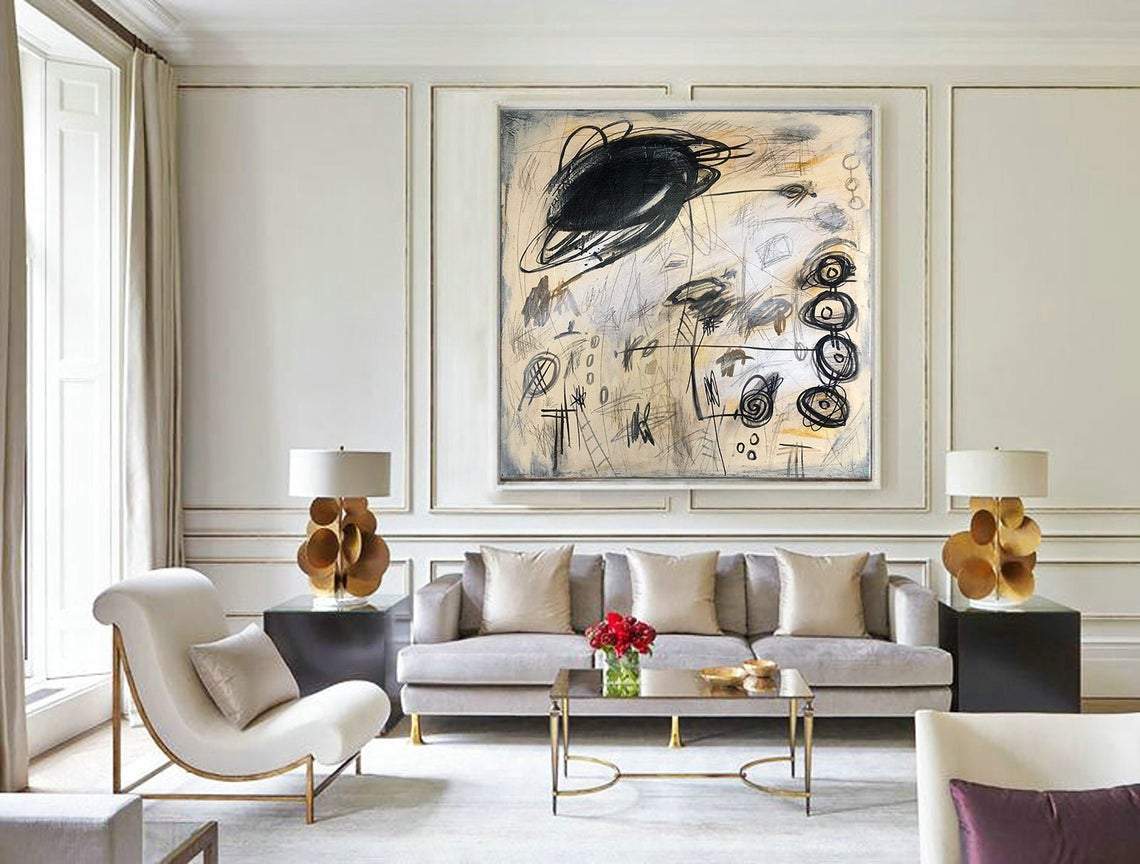 Original Abstract Beige Paintings On Canvas Black Acrylic Art Modern Wall Art | PERPETUUM MOBILE - Trend Gallery Art | Original Abstract Paintings