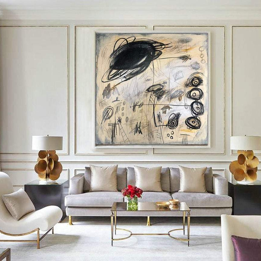 Original Abstract Beige Paintings On Canvas Black Acrylic Art Modern Wall Art | PERPETUUM MOBILE - Trend Gallery Art | Original Abstract Paintings