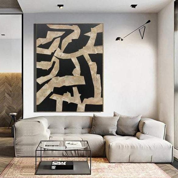 Large Abstract Paintings On Canvas Black Wall Art Beige Painting Minimalist Art Canvas Artwork | GOLDEN LABYRINTH - Trend Gallery Art | Original Abstract Paintings