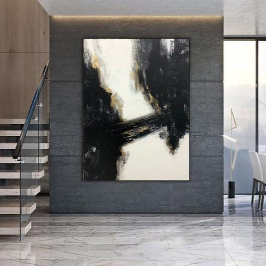 Oversized Wall Art Canvas Modern Wall Art Black And White Painting Gold Leaf Art Fine Art Painting | GOLDEN BRIDGE - Trend Gallery Art | Original Abstract Paintings