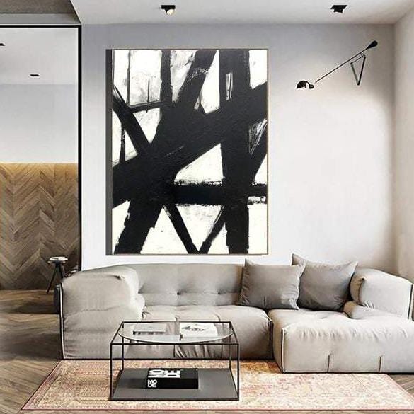 Large Framed Canvas Black White Oil Painting Line Wall Art Franz Kline style Canvas Artwork Texture Painting | MANHATTAN - Trend Gallery Art | Original Abstract Paintings