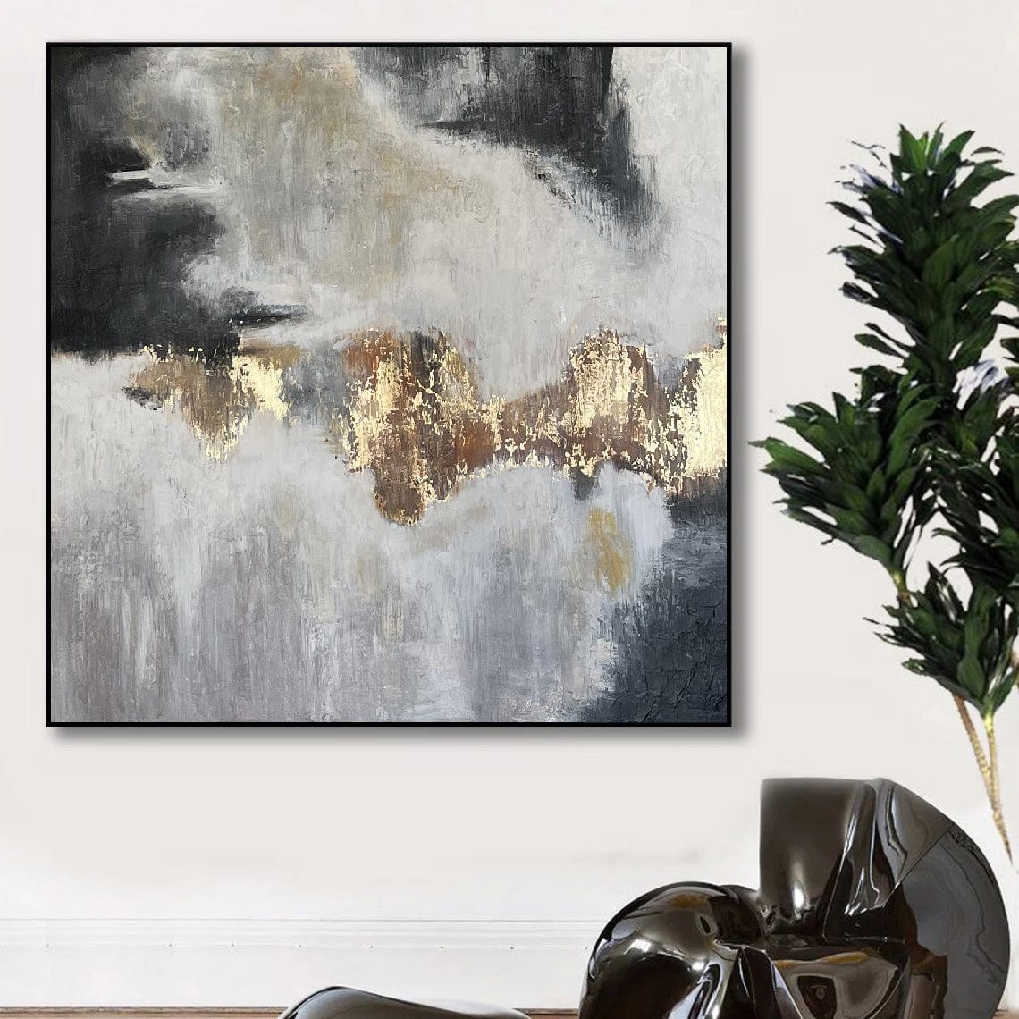 Abstract Oil Painting Black and White Wall Art Gold Leaf Acrylic Artwork for Bedroom | FETTERS OF THE SOUL 40"x40" - Trend Gallery Art | Original Abstract Paintings